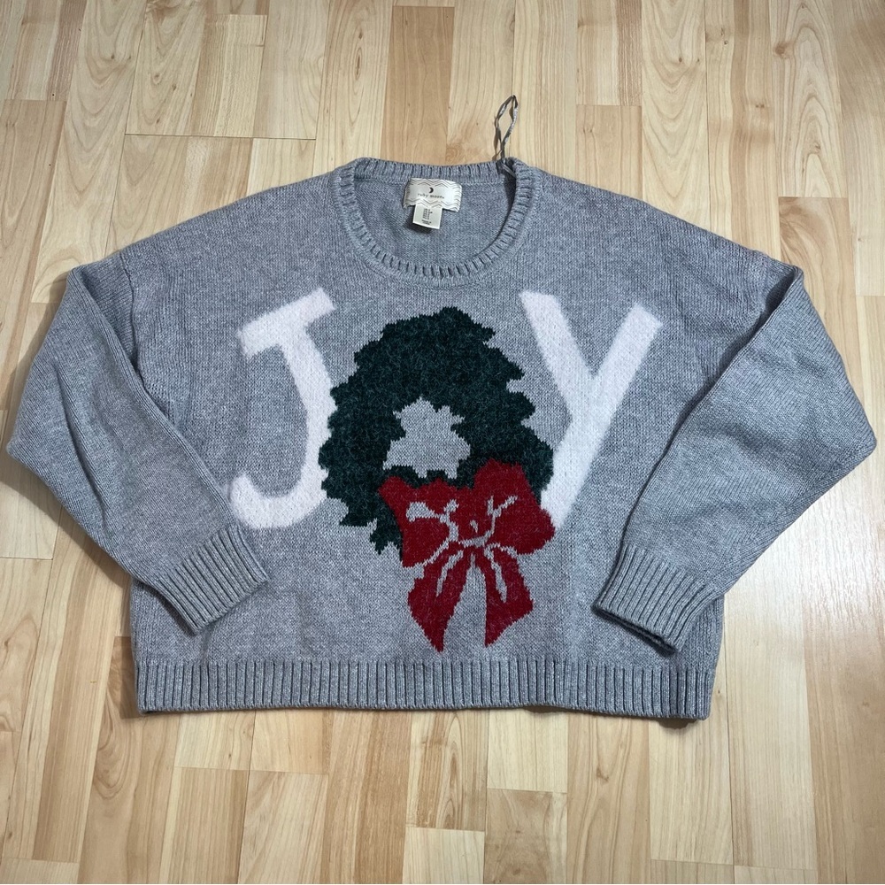 Ruby Moon Crewneck Grey Christmas Joy Wreath Wool Cotton Blend Sweater Size Sm